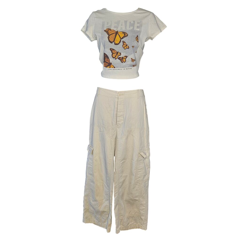 2pc Outfit White Cargo Pants Wide Leg & Butterfly baby tee Size S/M c8